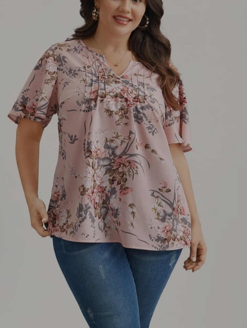 Spring Floral Pattern Neck Cut-Out Pleated Shirt